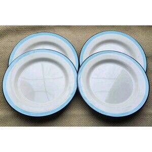 4 Hearth & Hand Magnolia Porcelain Enamel Round Dinner Plates Black Blue Trim